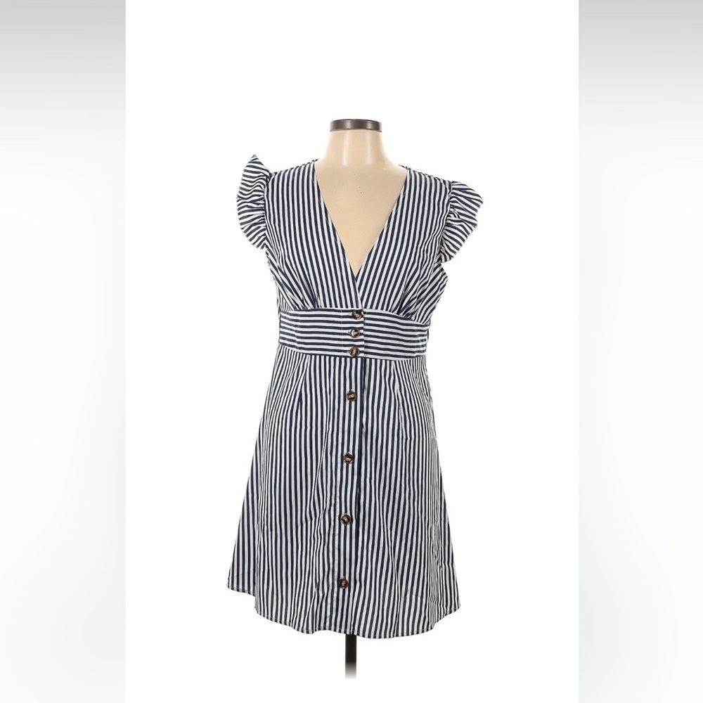 Classic Stripe Print Ruffle Cap Sleeve Button Down Shirt Dress - Picture 2 of 4
